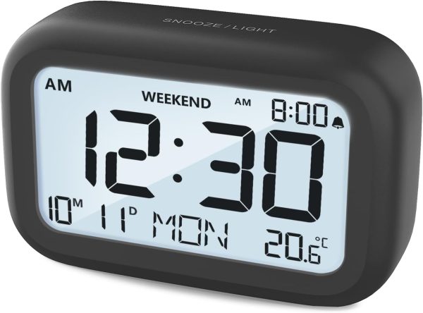 Digital Alarm Clock Bedside - Battery Powered Clock with LCD Display Volume Adjustable Snooze and Weekend Mode for Bedroom Office Desk Travel - Black