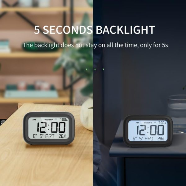 Digital Alarm Clock Bedside - Battery Powered Clock with LCD Display Volume Adjustable Snooze and Weekend Mode for Bedroom Office Desk Travel - Black