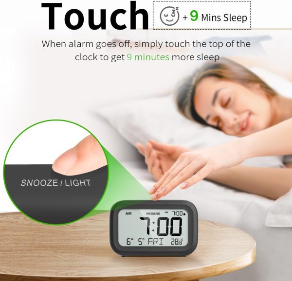 Digital Alarm Clock Bedside - Battery Powered Clock with LCD Display Volume Adjustable Snooze and Weekend Mode for Bedroom Office Desk Travel - Black