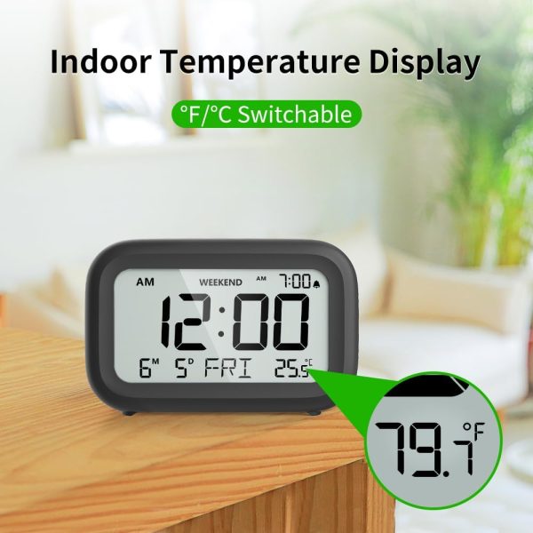 Digital Alarm Clock Bedside - Battery Powered Clock with LCD Display Volume Adjustable Snooze and Weekend Mode for Bedroom Office Desk Travel - Black