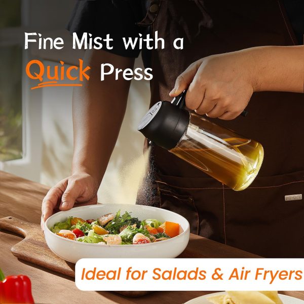 16oz/470ml Glass Olive Oil Sprayer for Cooking - 2 in 1 Olive Oil Dispenser for Kitchen Gadgets, Air Fryer, Salad, and BBQ - Black