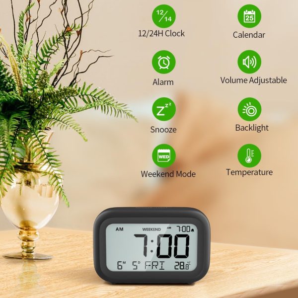 Digital Alarm Clock Bedside - Battery Powered Clock with LCD Display Volume Adjustable Snooze and Weekend Mode for Bedroom Office Desk Travel - Black