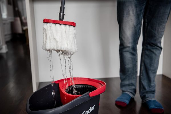 Spin Mop Bucket Set with Spin 360 Wringer and 2 Microfibre Mop Pad Head Telescopic Easy Press Handle with Spin Dry Cleaning Caddy Set-Microfibre Home Cleaning Clean Floor (Black)