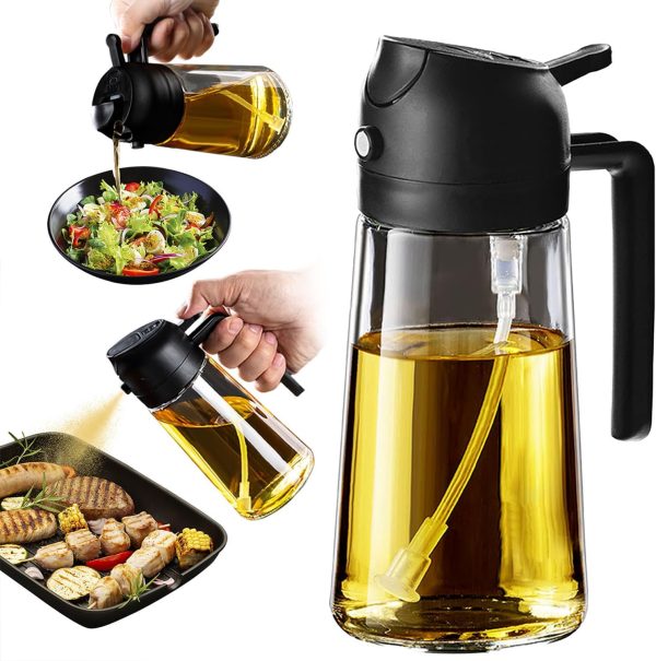 16oz/470ml Glass Olive Oil Sprayer for Cooking - 2 in 1 Olive Oil Dispenser for Kitchen Gadgets, Air Fryer, Salad, and BBQ - Black