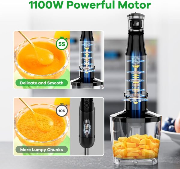 Blender Handheld Corded Hand Blenders Set 1100W, Trigger Variable Speed 5 in 1 Stick Emulsifier with Chopper, Whisk and Frother for Soup, Baby Food and Smoothies