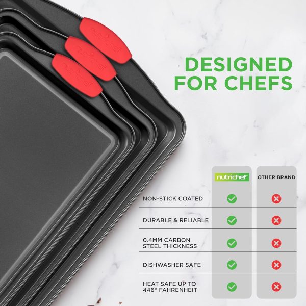 3-Piece Nonstick Kitchen Oven Baking Pans - Premium & Stylish Non-Stick Steel, Commercial Grade Restaurant Quality Metal Bakeware with Red Silicone Handles - Easy to Clean