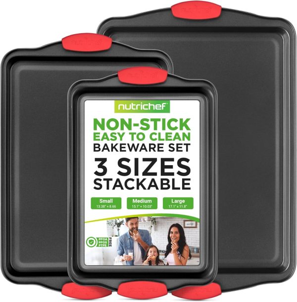 3-Piece Nonstick Kitchen Oven Baking Pans - Premium & Stylish Non-Stick Steel, Commercial Grade Restaurant Quality Metal Bakeware with Red Silicone Handles - Easy to Clean
