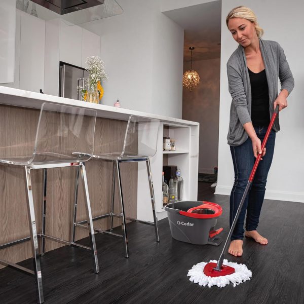 Spin Mop Bucket Set with Spin 360 Wringer and 2 Microfibre Mop Pad Head Telescopic Easy Press Handle with Spin Dry Cleaning Caddy Set-Microfibre Home Cleaning Clean Floor (Black)