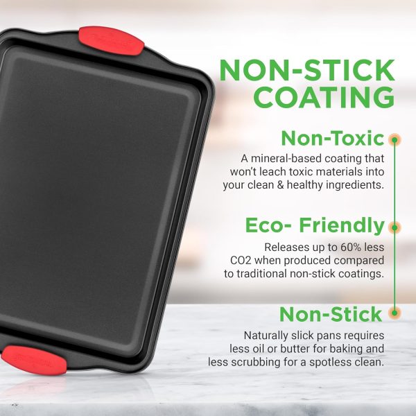 3-Piece Nonstick Kitchen Oven Baking Pans - Premium & Stylish Non-Stick Steel, Commercial Grade Restaurant Quality Metal Bakeware with Red Silicone Handles - Easy to Clean